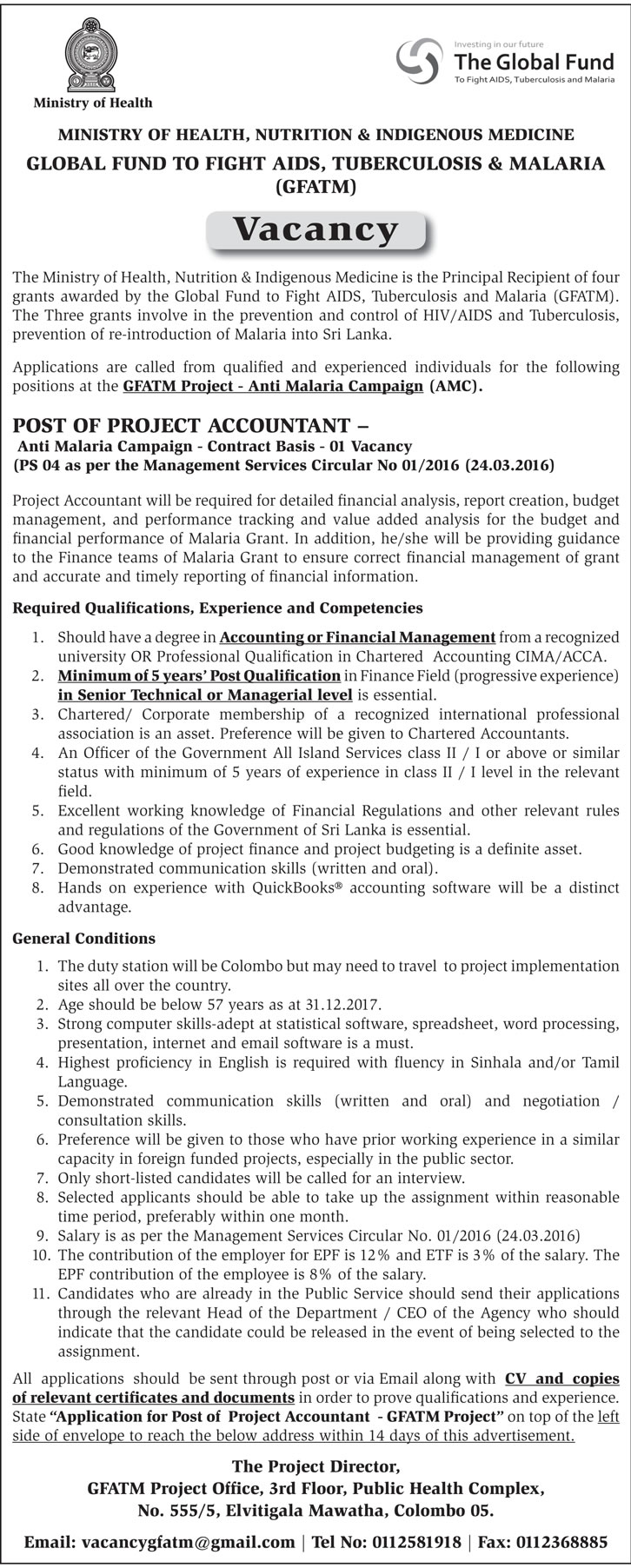 Project Accountant - Ministry of Health, Nutrition & Indigenous Medicine